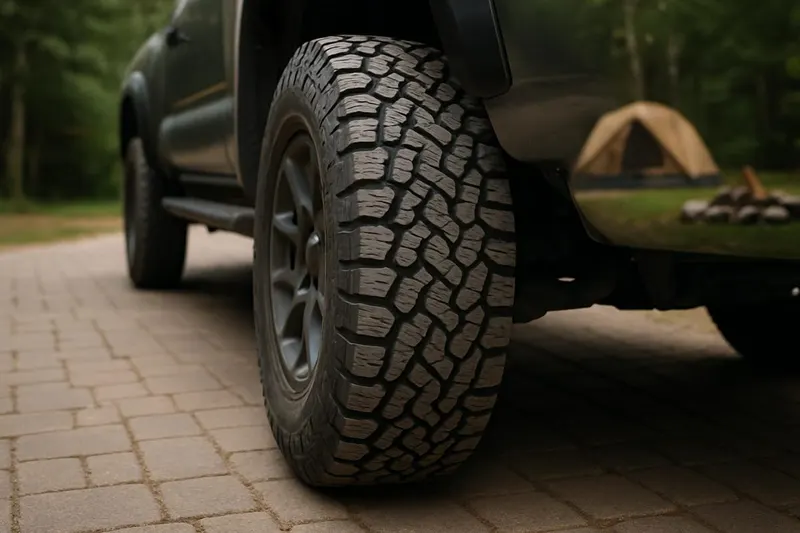 Photo of an all-terrain tire tread close-up on a truck parked on a paved path near a campsite