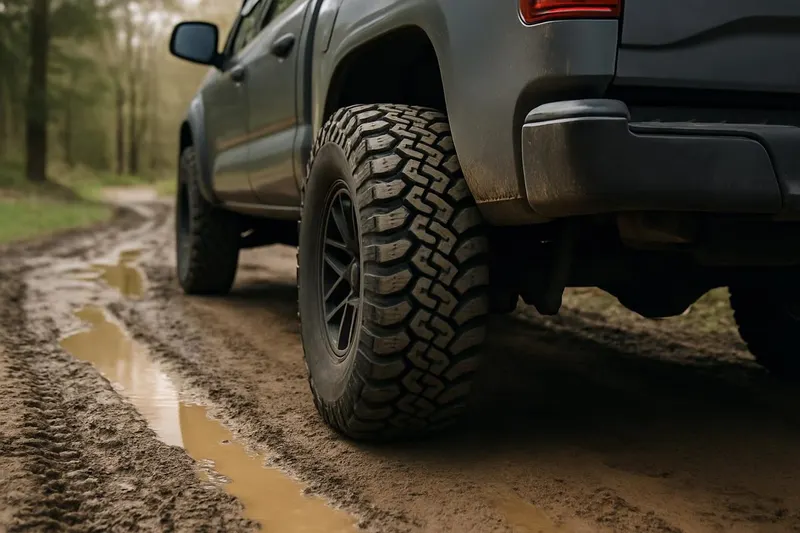 Photo of a mud-terrain tire tread close-up on a truck on a muddy trail with standing water