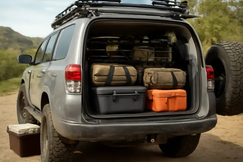 Photorealistic supporting editorial photo illustrating cargo organization ideas for off-road vehicles