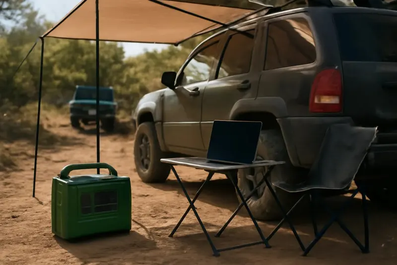 Photorealistic supporting editorial photo illustrating comparing portable power stations for off-roading