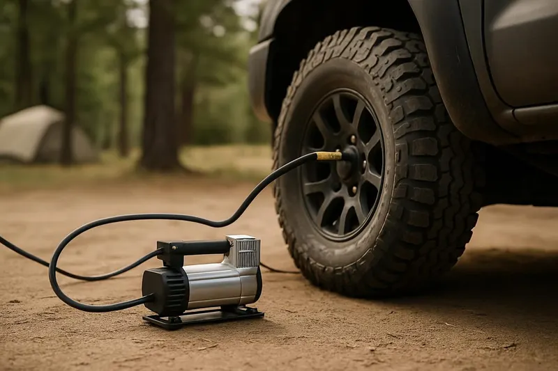 Photo of a portable air compressor connected by hose to a tire valve beside a parked truck at a campsite