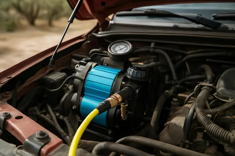 Photo of an onboard air compressor with a pressure gauge mounted in a vehicle's engine bay