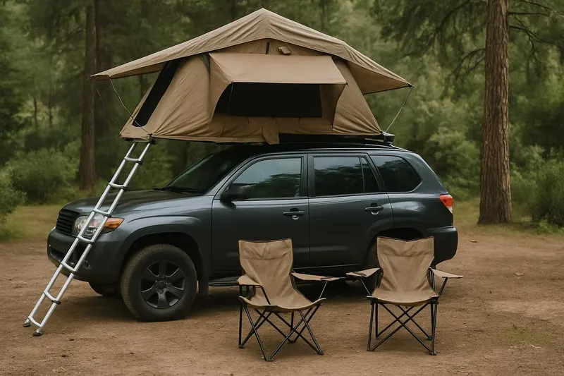 Photo of a rooftop tent, ladder, and folding camp chairs set up beside an SUV in a forest campsite