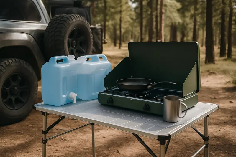 Photo of a camp kitchen setup with a portable two-burner stove and water containers on a folding table