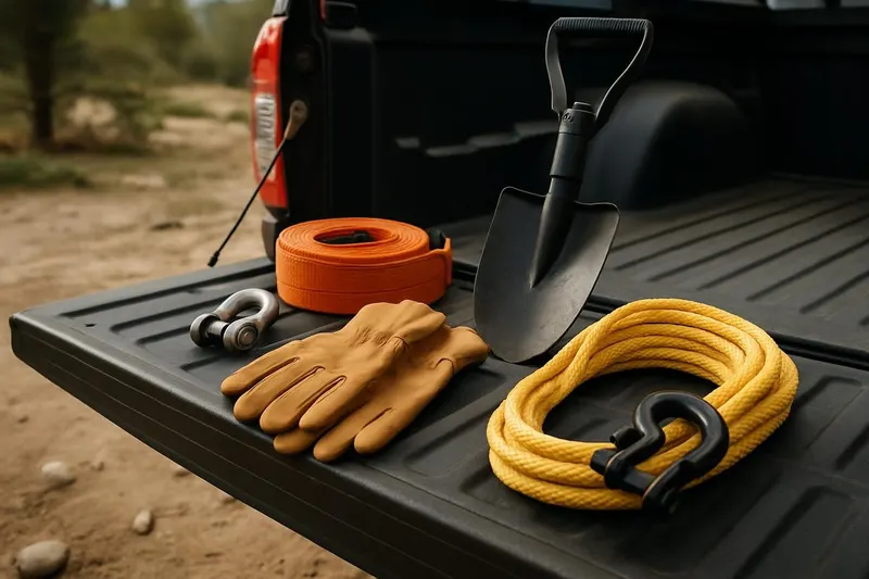 Photo of off-road trip essentials -- gloves, a folding shovel, a tow strap, and recovery shackles -- laid out on a truck tailgate