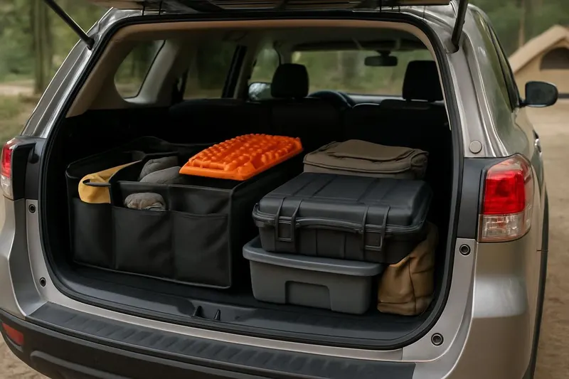 Photo of cargo organizers and storage bins packed neatly in an SUV's cargo area