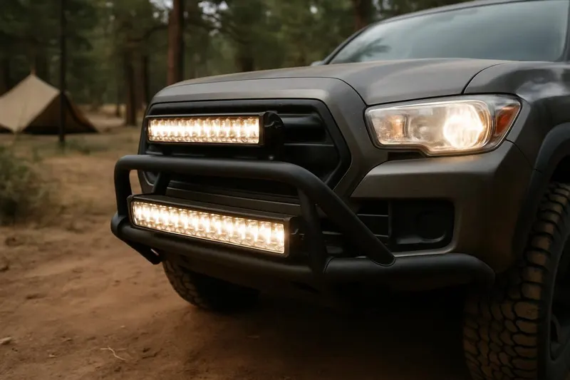 Photo of two auxiliary light bars mounted on a truck's front bumper, illuminated at dusk