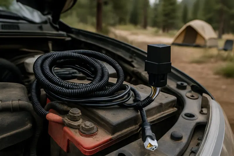 Photo of a coiled wiring harness and relay connected near a vehicle's battery under an open hood