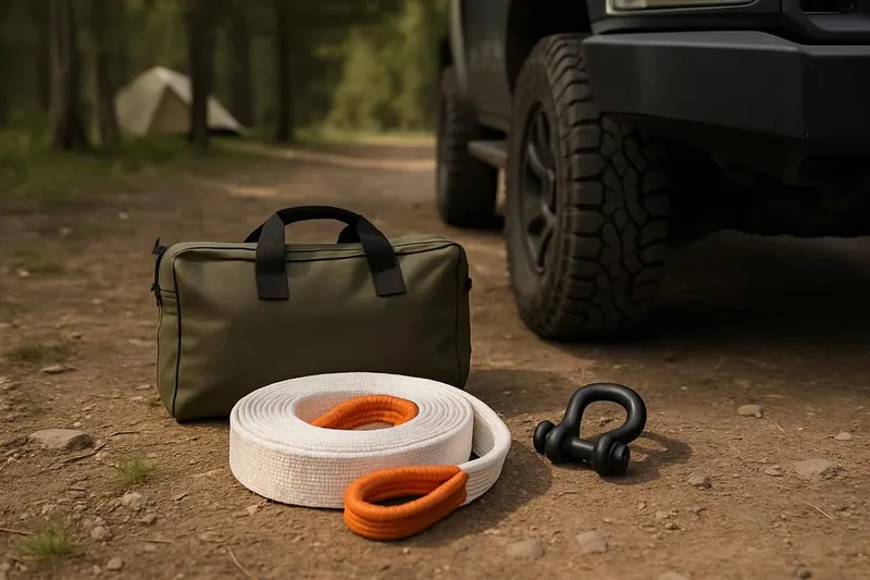 Photo of a recovery kit bag with a tow strap and shackle laid on the ground beside a parked truck