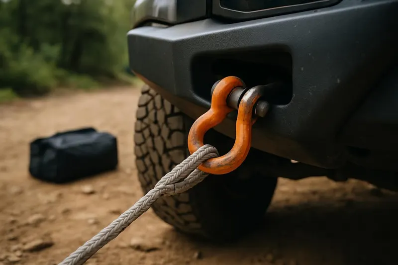 Photo of a vehicle's front recovery point with a shackle and rope attached, close-up