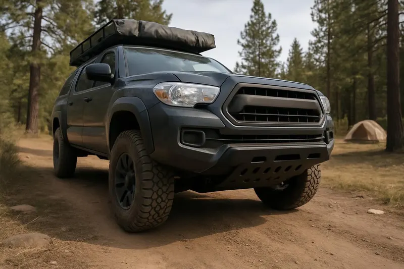 Photo of a lifted truck at a campsite with a front skid plate visible beneath the bumper