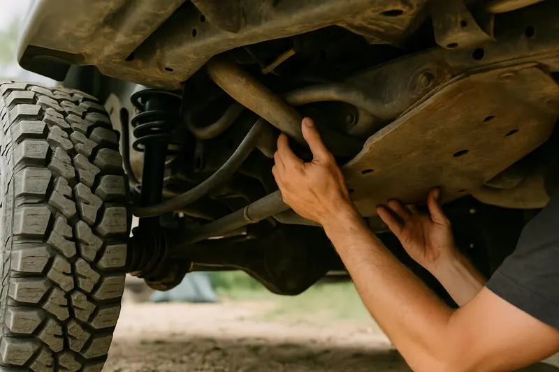 Photo of a person's hands checking a vehicle's underbody suspension components from below