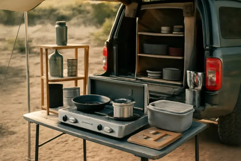 Photorealistic supporting editorial photo illustrating organizing a camp kitchen that works