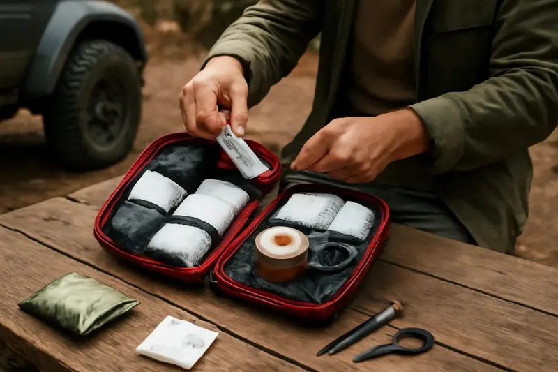Photorealistic supporting editorial photo illustrating organizing a portable first-aid kit for the trail