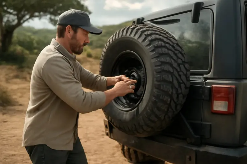 Photorealistic supporting editorial photo illustrating planning for a full-size spare tire