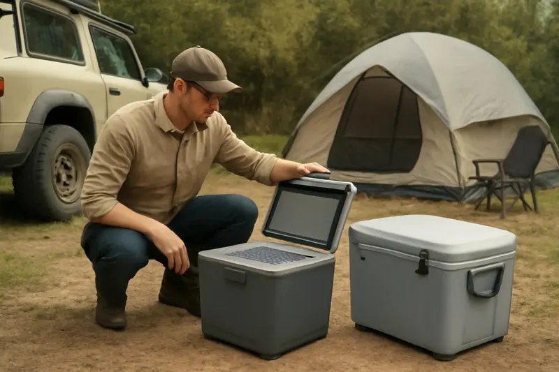 Photorealistic editorial photo illustrating portable refrigerators vs coolers for camping
