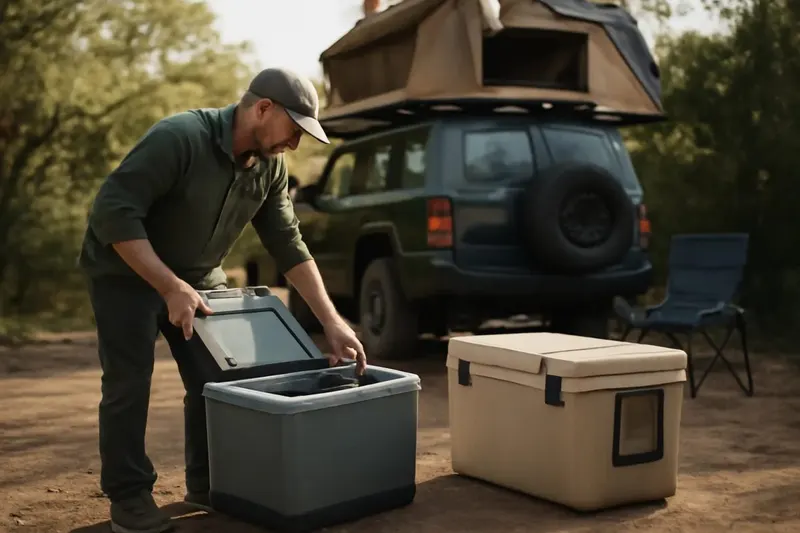 Photorealistic supporting editorial photo illustrating portable refrigerators vs coolers for camping