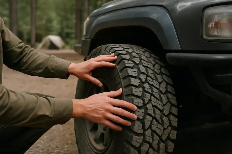 Photo of a person's hands checking a tire's tread and sidewall on a parked truck before a trip