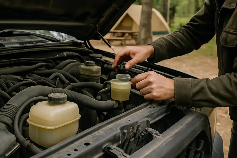 Photo of an open vehicle hood with a person checking fluid level at the reservoir