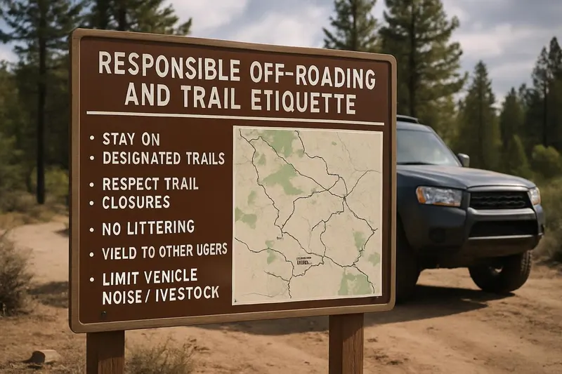 Photo of a trailhead information sign posting trail rules and a route map, with a vehicle parked alongside