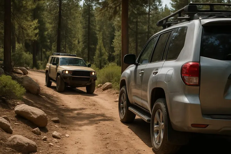 Photo of two vehicles on a forest trail, with one pulled aside to yield to the other