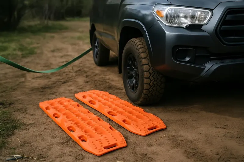 Photo of a pair of orange traction boards positioned in front of a truck's tire on dirt ground