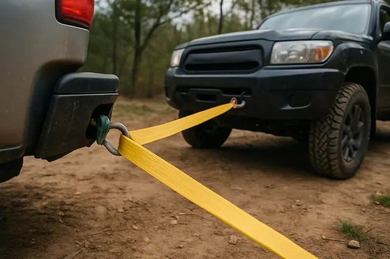 Photo of a yellow tow strap connected between two vehicles' front and rear recovery points