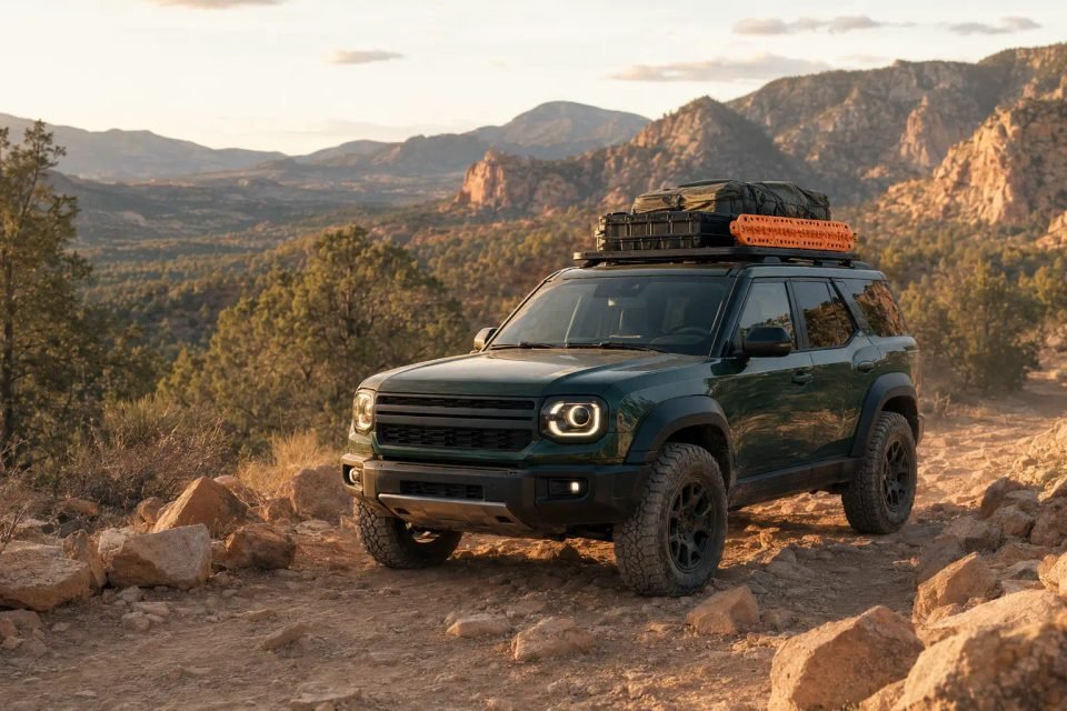 Dark green off-road SUV climbing a rocky trail during golden hour