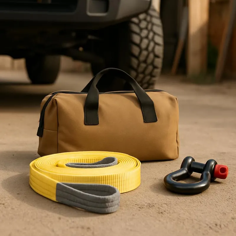 Generic editorial illustration of a basic vehicle recovery kit with strap and shackles, not a verified listing