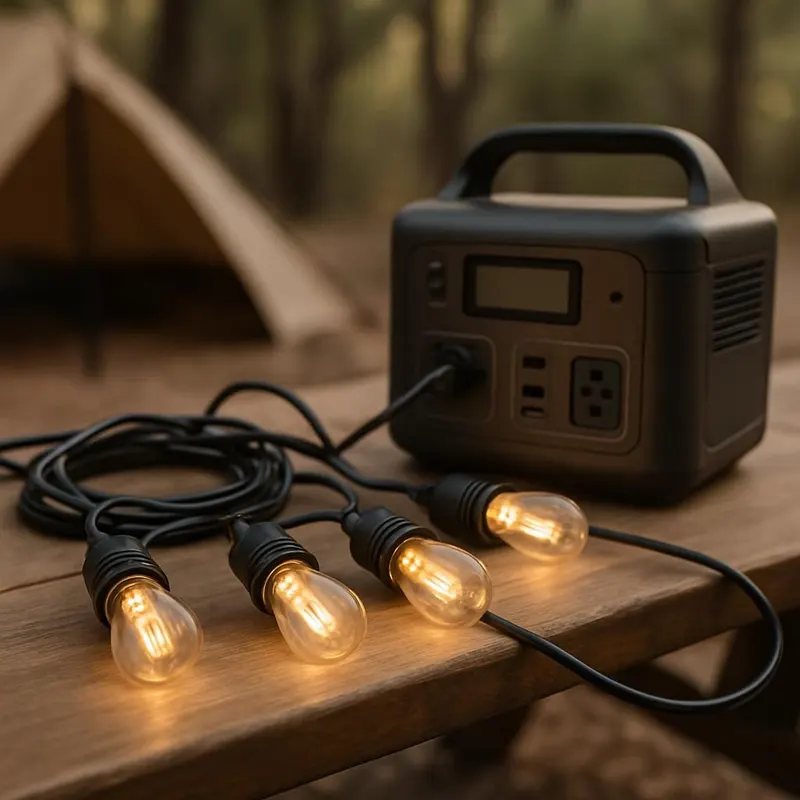 Generic editorial illustration of campsite lighting and a portable power station, not a verified listing