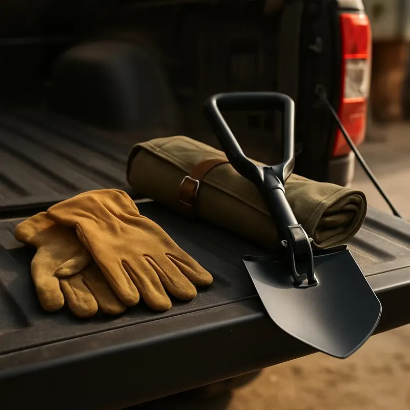 Generic editorial illustration of off-road trip essentials on a truck tailgate, not a verified listing