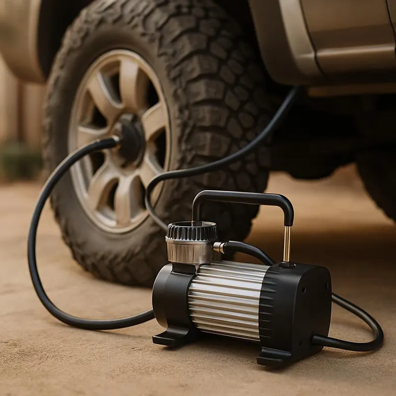 Generic editorial illustration of a portable air compressor airing up a tire, not a verified listing