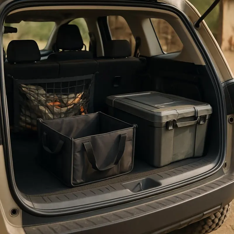 Generic editorial illustration of cargo storage and organizers in a vehicle cargo area, not a verified listing