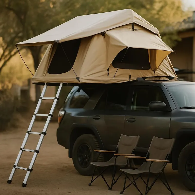 Generic editorial illustration of a vehicle camping setup with a rooftop tent and camp chairs, not a verified listing